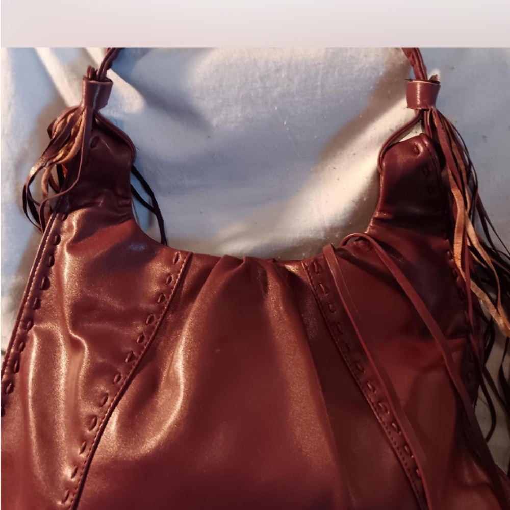 Brown Faux Leather Handbag with Fringe